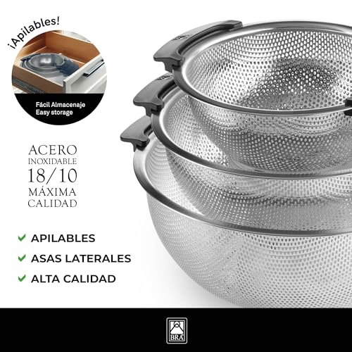 Miniatura 3 de Bra Set 3 Escurrideras 18-22-26 Cm, Acero Inoxidable 18 10, Microperforaciones De Precisión Para Drenaje Rápido, Base Elevada, Superficie Lisa, Apto Para Lavavajillas
