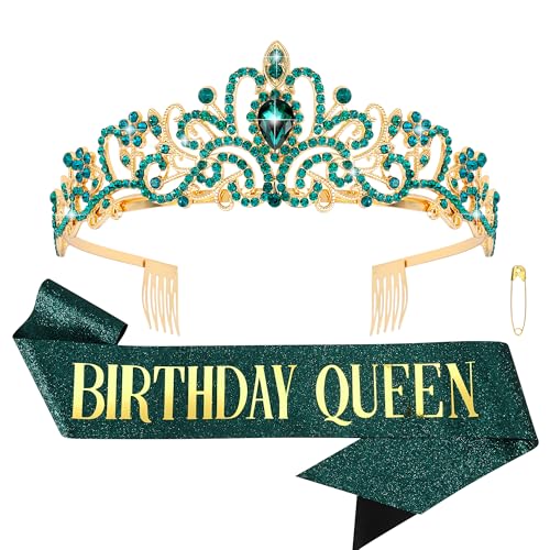 COCIDE Birthday Sash for Women Happy Birthday Crown Tiaras for Women Queen Princess Headband for Party Decoration Girl Green and Gold Sahes Hair Accessories Favors Gift