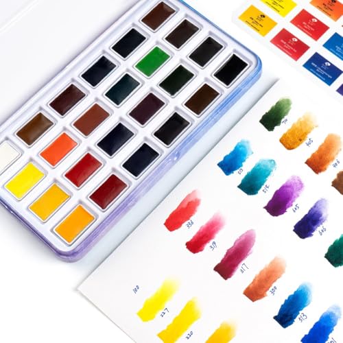 Paul Rubens Watercolor Paint Set Full Pan 24 Vivid Colors Water Coloring Paint in Pocket Box with Metal Ring High Transparency Intense and Durable No Chalky Perfect for Students Beginners