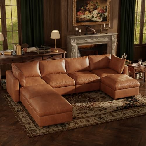 Image of 128'' Faux Leather Modular Sectional Sofa with Storage, Oversized Mid Century Modern Leather Sectional Couche for Living Room, 4 Seater Deep Seat Couch with 3 Storage Ottoman, U-Shaped, Camel