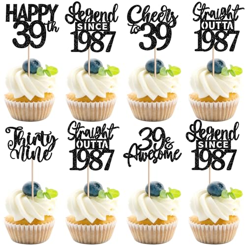24PCS Black Happy 39th Birthday Cupcake Toppers Thirty Nine Straight Outta 1987 Cupcake Picks Cheers to 39 Lengend Since 1987 Cake Decorations for 39th Birthday Anniversary Party Decorations Supplies