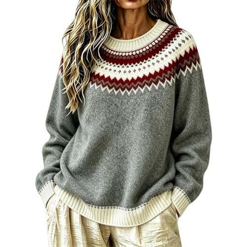 Fair Isle Sweater for Women Vintage Crew Neck Knit Pullover - image 1