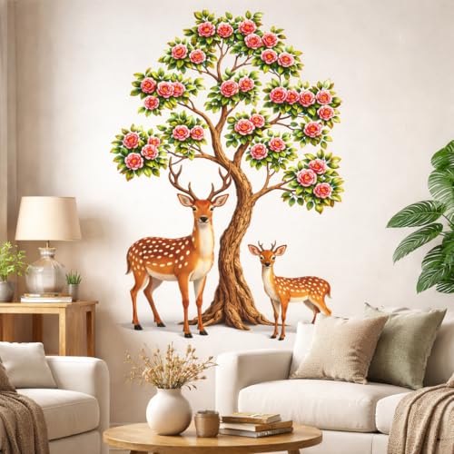 Image of Rangoli Deer Wall Sticker 16 x 24 Inch Tree & Flower Self Adhesive Wall Decor for Living Room Bedroom Kids Room Nature Theme Wall Art