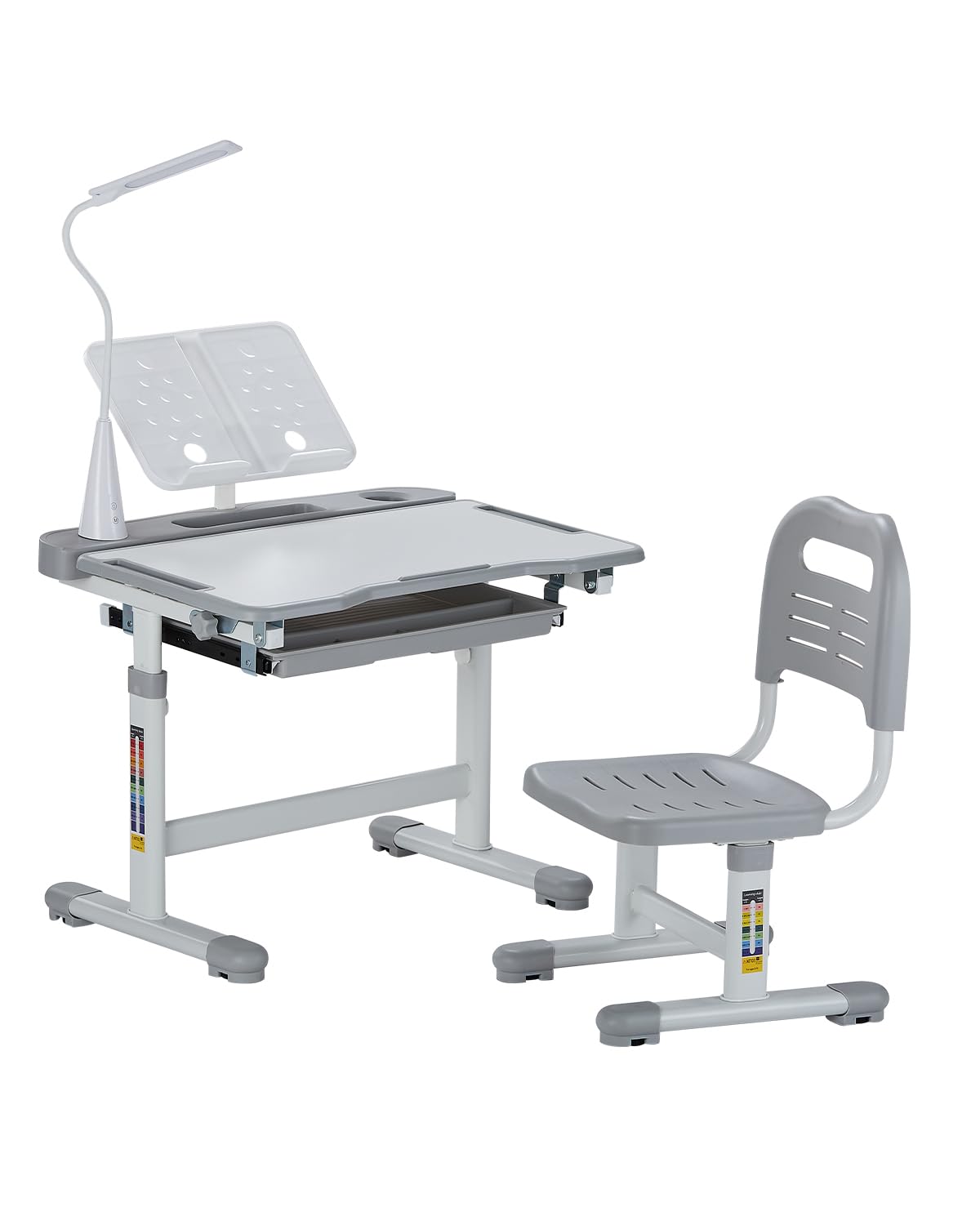 VEVOR Ensemble Chaise et Bureau pour Enfants avec Lampe de Table, Table et Chaise d'étude, Hauteur réglable et inclinés de 0 à 40°, pour Lecture, Apprentissage, pour Chambre et Salle d'étude, Gris