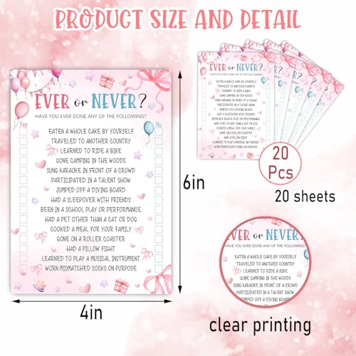 Image of Pink Slumber Party Games Card - Coquette Pink Bow Themed Sleepover Slumber Party Supplies- Sleepover Stuff- Birthday Night Games Creative Idea -Ever or Never- 20 Game Cards