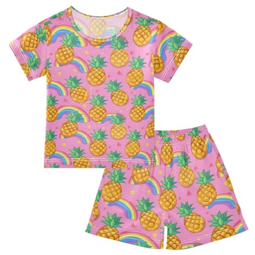ALAZA Pineapple Rainbow Star Cartoon Pajamas Short Sleeve 2 Piece Sleepwear Top and Bottom Pajama Set Unisex