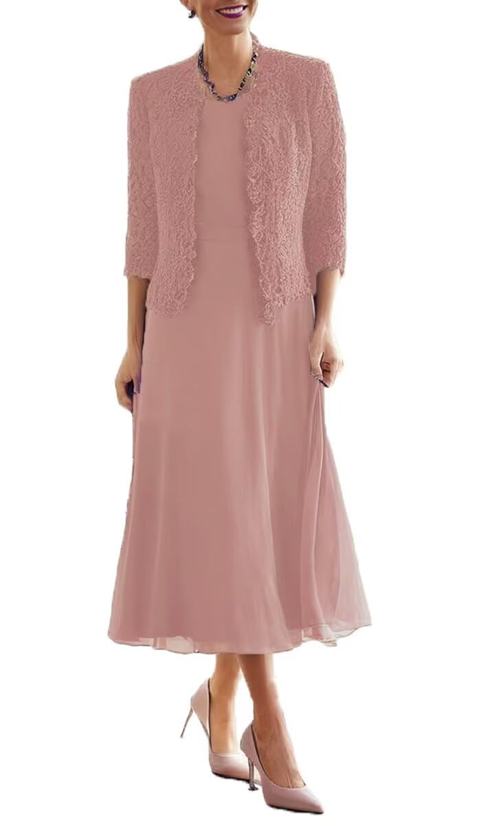 Tea Length Grandmother of The Bride Dresses with Jackets Elegant Laces Mother of Bride Dress for Wedding Guests