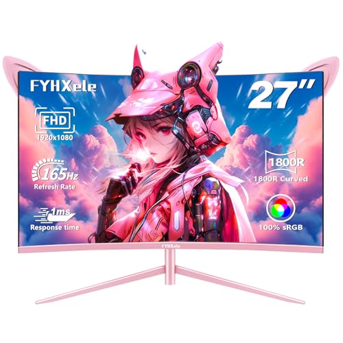 FYHXele FY27FHP Moniteur Rose 27 Pouces incurvé Gaming 165Hz - Ecran VA 144Hz 1800R 1ms 1920x1080P, Haut-parleurs intégrés, AMD Free-Sync, HDMI, DP, USB, AUX, Inclinaison réglable
