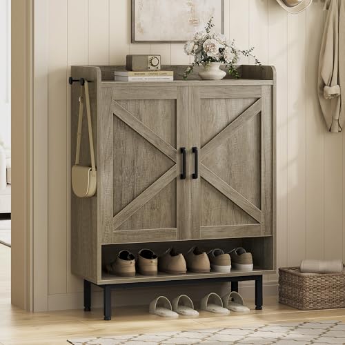 Image of Yaheetech Shoe Storage Cabinet with Doors, Farmhouse Shoe Cabinet with 2 Adjustable Shelves and 4 Side Hooks, Wooden Shoe Rack Organizer Cabinet for Entryway, Foyer, Hallway, Washed Gray