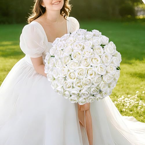 Image of INSPRING 50 PCS White Roses Artificial Flowers with Long Stems | Real Looking, Fake Roses, Silk Flowers, DIY Bouquet, Wedding Party Celebration Home Bridal Decoration Gift, for Her Wife
