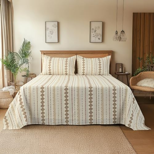 Image of Cortina Cloud Cotton King Size Bedsheet with 2 Pillow Covers | Super Soft, Breathable & Skin-Friendly Bedsheet for Double Bed King Size with Boho Design | 270x250 cm (Off White, King)