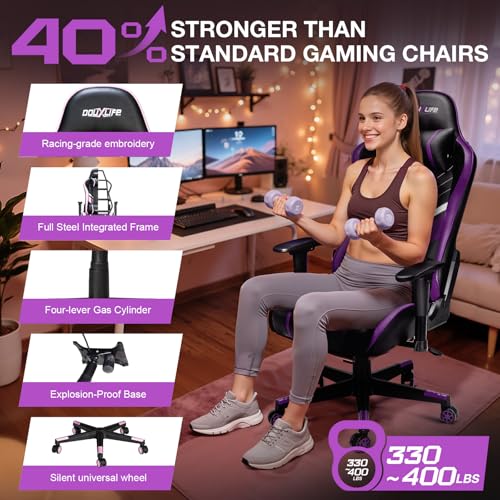 Image of Douxlife 7-Point Massage Gaming Chair with Footrest, 400lbs Heavy Duty Ergonomic Computer Chair, 175 Reclining High Back Racing Seat for Adults with Adjustable Armrests & Lumbar Support, Purple