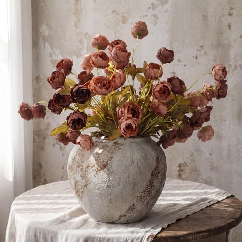 Yinder 8 Pcs Fall Artificial Peonies Stems 26 Faux Peony Branch Vintage Silk Flowers for Vase Filler Home Decor Rustic Farmhouse Wedding Table Centerpiece DIY Bouquet(Tan Light Orange)
