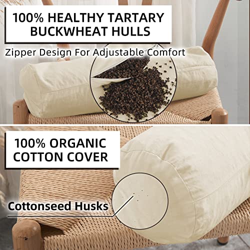 Lofe Buckwheat Cylinder Neck Pillow - Adjustable Bolster Pillow(17X6) With Pillowcase, Organic Cotton Cover, Cervical Neck Support, Neck Pain Relief For Back And Side Sleepers(Tartary Buckwheat Hulls) #TOP3