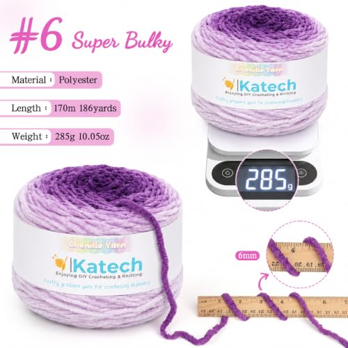Image of Katech Ombre Cnenille Yarn for Crocheting-2 Pcs of 285g /10oz-6 Super Bulky | Fluffy Velvet Blanket Yarn for Knitting, Soft Fuzzy Phasing Cake Yarns for Baby Blanket, Throw Pillow, Plushies, Hat(Purple)
