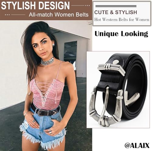 ALAIX Women's Leather Belt Vintage Western Belt Silver/Gold Buckle Belt Jeans Belt Black and Gold Belt for Women2