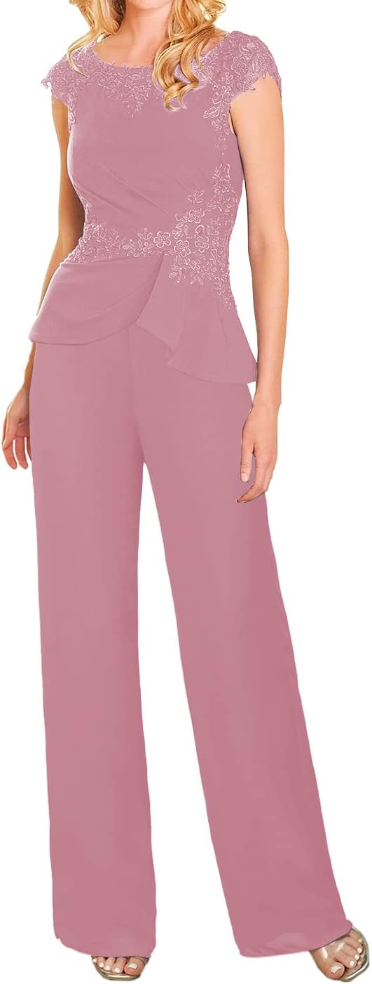 ISABUFEI Mother of The Bride Pants Suits Dresses for Wedding Chiffon Long Formal Evening Gowns Lace Appliques Jumpsuits Dusty Rose US20W