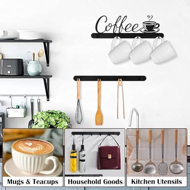 Coffee Mug Holder Wall Rack, Mug Rack Wall Mounted with 16 Heavy Duty Hooks, Storage Metal Cup Organizer Display Coffee Cups Sign for Kitchen Bar, Set of 4, Black