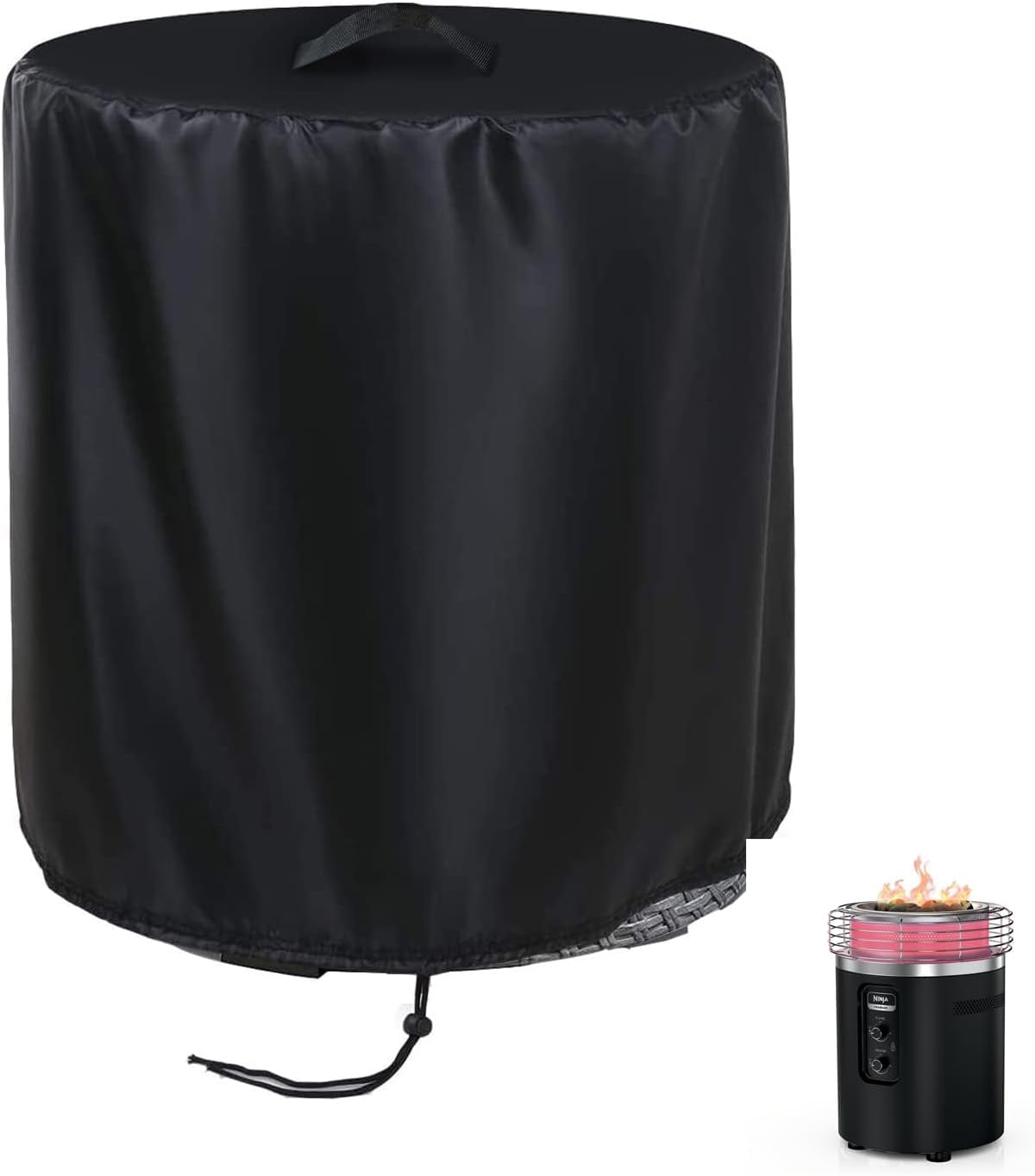 Flymer Fire Pit Cover Round, 500D Heavy Duty Firepit Cover For Ninja Fireside360 Outdoor Heater, Garden Fire Pits Covers with Handle Waterproof & Windproof, 62 x 71 cm, Black