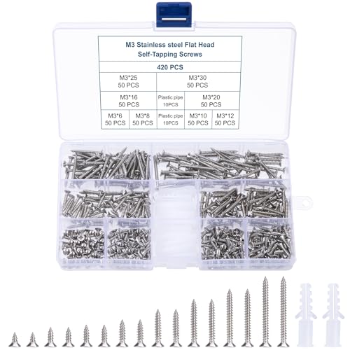 Selbstschneidende Schrauben,Edelstahl Blechschrauben Flachkopfschrauben Kreuzschlitzschrauben Holzschrauben Mit Senkkopf Linsenkopf Set mit Aufbewahrungsbox für Holz Kunststoff Blech 420 Stück M3