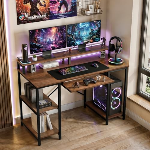 Image of ABOUT SPACE Study Table with Monitor Stand, Keyboard Tray & Bottom Storage - 25mm Metal Frame Gaming Table - Office Desk for Laptop, PC-Engineering Wood Computer Table(Walnut - L121.5 x B60.5 x H87cm)