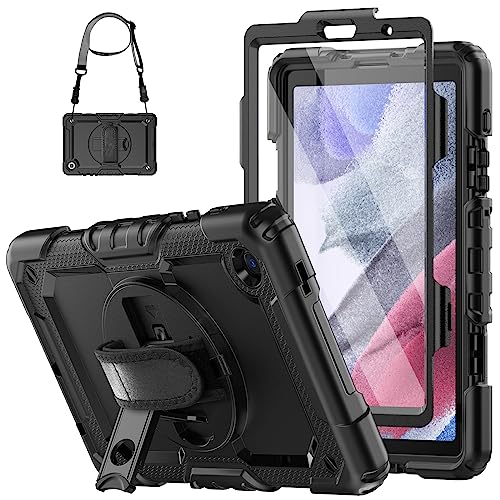 SEYMCY for Samsung A7 Lite Tablet Case 8.7 inch 2021, Full-body Shockproof Cover with Screen Protector, Rotating Hand Strap & Stand, Carrying Strap for Galaxy Tab A7 Lite SM-T220/T225/T227, Black
