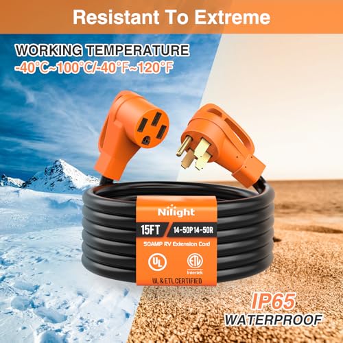 Image of Nilight 15FT 50 Amp RV Extension Cord with Adapter 15Amp to 50Amp 250V Heavy Duty 6 /3+8 /1 Gauge Pure Copper STW Wire UL ETL Listed 4 Prong 14-50P 14-50R Weatherproof Suit for Generators Camper