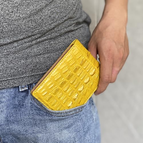 Image of HATA Yellow Luxury Exotic Bifold Leather Wallet Men with Flip Out ID Window, Holder Credit Card, RFID Blocking, Men Leather Wallet Gift Birthday, Wedding, Anniversary, Father's Day VINAM-109