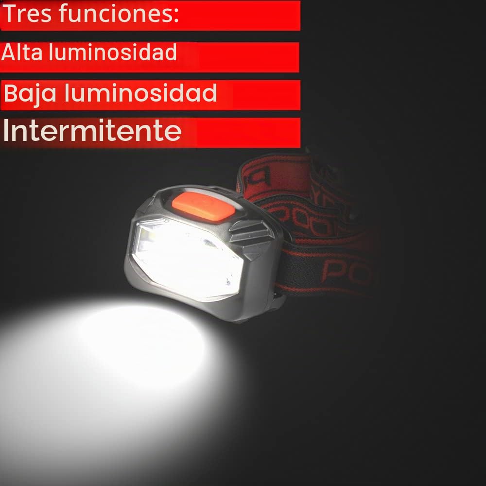 POLY POOL PP3156 Linterna Delantera LED de Trekking y Trabajo al Aire Libre Lámpara delantera LED de Batería 3 Funciones Linterna con Banda Elástica, Cabezal Reclinable Ángulo Luz 130°