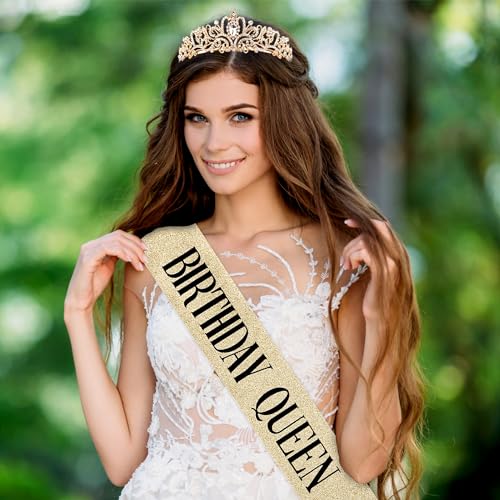 Image of Fesciory Birthday Crown for Women, Gold Plated Crystal Tiara with Sash