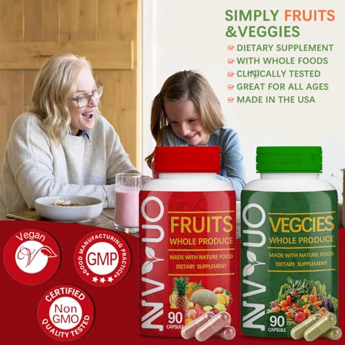 Image of Fruits & Veggies Capsules - 90 Fruit and 90 Veggie Whole Food Supplement - Supports Energy Levels, High Lycopene, Vitamins & Minerals
