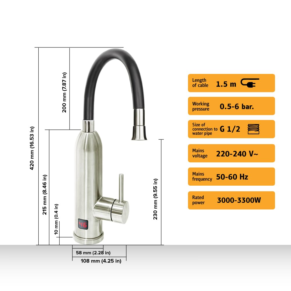 HOGART Elektrische Wasserhahn mit Durchlauferhitzer 230v für Küche, Garten, Bad, Wohnwagen, Camping, Smart Heater, Armatur mit Sofortiger Warmwasserbereiter, Warmwasserhahn, Wasserboiler