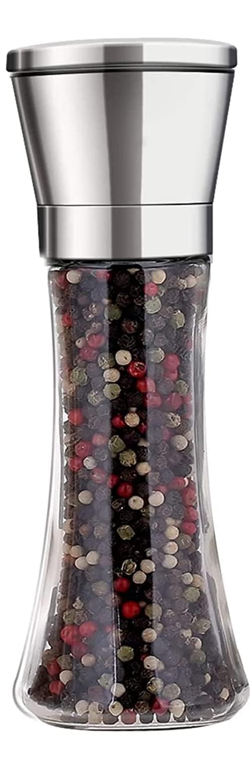 Stainless Steel Spice Grinder Glass, Steel Squeeze Mill,Pepper Grinder or Salt Shaker Manual Shaker, Spice Storage with Adjustable Coarseness Setting