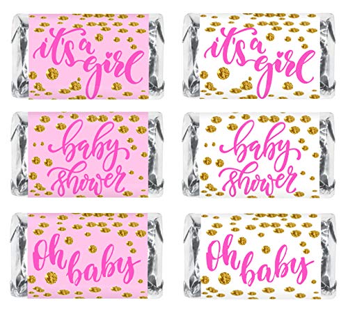 60 Pink Oh Baby Girl Baby Shower Miniatures Candy Bar Wrapper, Its a Girl Baby Shower Mini Candy Bar Stickers Decorations, White and Pink