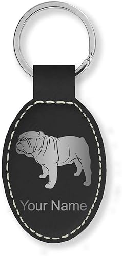 LaserGram Llavero ovalado, Bulldog Dog, grabado personalizado incluido (negro con plata)