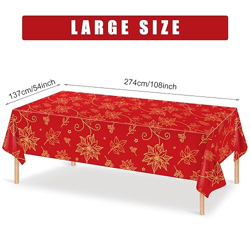 3 Pcs Red Christmas Tablecloths 54 x 108 Inch Gold Flower Poinsettia Bronzing Table Covers Disposable Christmas Rectangle Table Cloth for Xmas Holiday Kitchen Dining Table Decor – Image 3