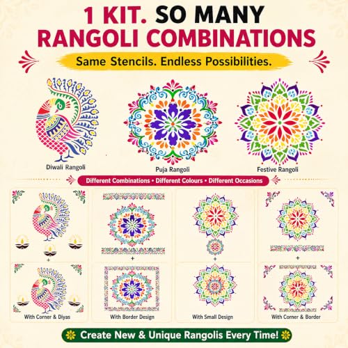 Image of SWAGSTATION Mandala Rangoli Stencils Set Rangoli Stencils Big Size for Floor (Set of 7 Stencil, 6 Rangoli Colors Set, Decorative Stencils Combo 61WS0771) Mandala Rangoli Making Tools Kit, Multi