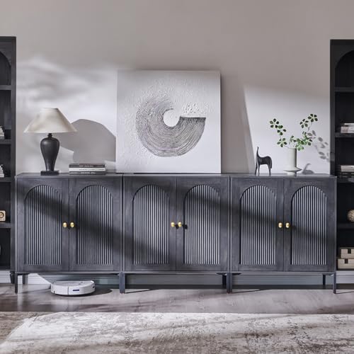 Image of IFGET Modern Buffet Cabinet with Storage, 92.63 inch W Fluted Arched Sideboard Cabinet w /Adjustable Shelves, Wooden Modular Coffee Bar for Dining Room, Kitchen, Living Room, Entryway, Dark Grey