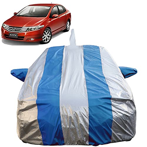 Image of Autofact Waterproof Car Body Cover Compatible with Honda City Ivtech (2009 to 2013) with Mirror and Antenna Pockets (Blue Stripes with Shinning Silver Fabric /Waterproof Cover)