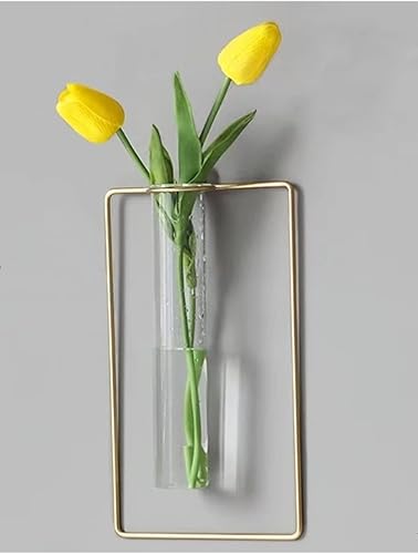 Paquete de 2 jarrones de pared de oro nórdico, jarrón hidropónico geométrico colgante de metal, jarrón de tubo de vidrio montado en la pared, jarrón