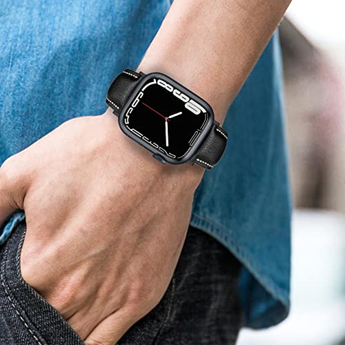 Image of Eyamumo Genuine Leather Bands Compatible for Apple Watch Band 42mm 44mm 45mm Men Women, Top Grain Soft Vintage Genuine Leather Replacement Strap Compatible with Apple Watch Series 9 8 7 6 5 4 3 2 1 SE