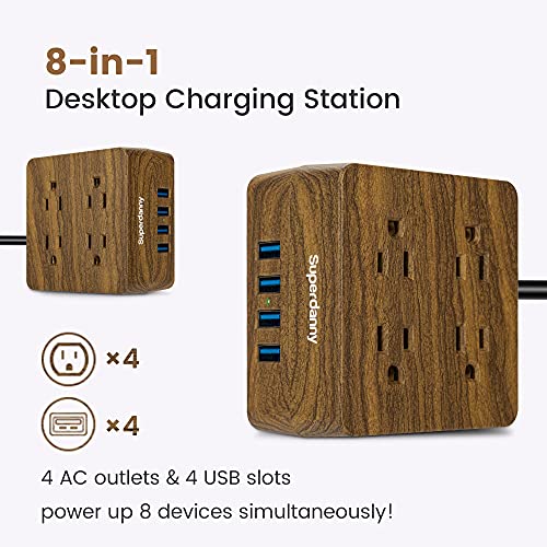 Usb Power Strip Surge Protector - Superdanny Desktop Extension Cord With 4 Widely Spaced Outlets & 4 Smart Usb Ports, Portable Charging Station For Home, Office, Hotel, Dorm, Rv, Faux Walnut Grain #TOP7