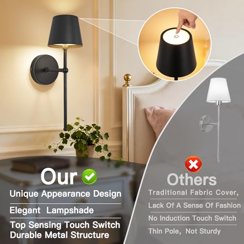 Image of TaoFiaCo Battery Operated Wall Sconces Set of 2,Wireless Wall Sconce Black | 5200mAh Rechargeable, Remote, Timer, Dimmable, Cordless Wall Light for Bedroom Living Room, Hallway, Light Decor