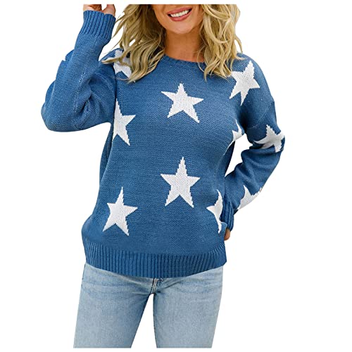 Star Sweater for Women Long Sleeve Knitted Tops Crew Neck Cozy Pullover Sweaters Fall Casual Loose Soft Jumper Top