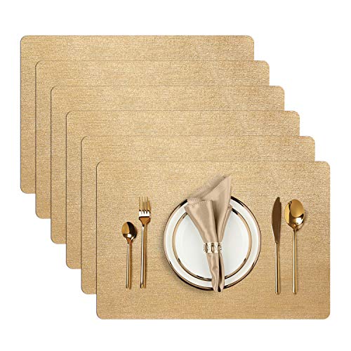 AIRCOWRIE Placemats for Dining Table Set of 6, Heat-Resistant Placemat Washable Vinyl Table Mats for Kitchen Restaurant Decorations (Gold)