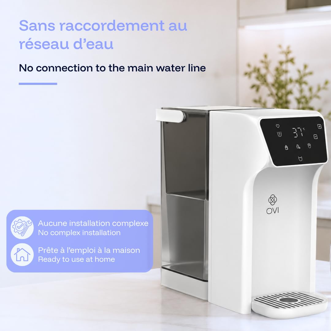 OVI E Distributeur d’Eau Chaude 95°C Instantanée – Filtrée 4 Étapes + UV-C – Sans Raccordement, Plug & Play – Maison, Bureau, Voyage (Blanc)