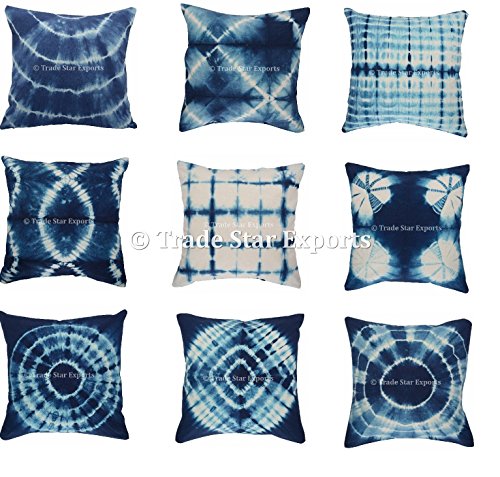 Trade Star 100% Cotton Square Sofa Cushion Cover with Zipper Enclosure Shibori Set of 5 Tie Dye Pillow Covers Beautiful 16X16 Inch Pillowcase for Home Fall Decor Indian Indigo Throw Pillow Cover
