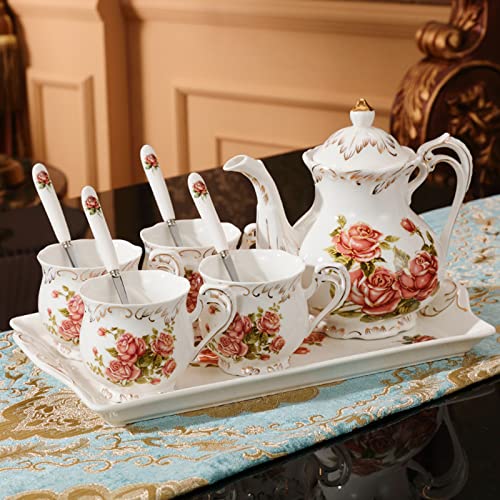 Porcelanowy zestaw do popołudniowej herbaty, kwiatowy zestaw do kawy w stylu vintage z czajnikiem, filiżankami do herbaty, tacą do serwowania i łyżeczką na prezenty i imprezy