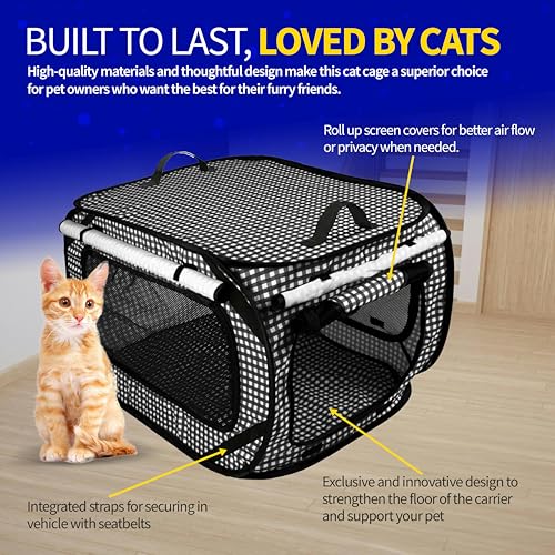 Image of Pet Fit For Life Extra Large Cat Carrier for Travel - Foldable & Portable Collapsible Kennel with Litter Box, Feather Toy & Water /Food Bowl - Ideal for Cars, Long Trips & Indoor Cats - Black Checkers