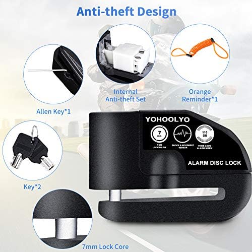 YOHOOLYO Alarm Disc Lock Motorcycle Disc Brake Lock Anti-Theft Waterproof 110 dB 7mm Pin 5ft Reminder Cable for Motorcycles Bike Scooter Carry Pouch (Black) Automotive - Color : Black Product Image